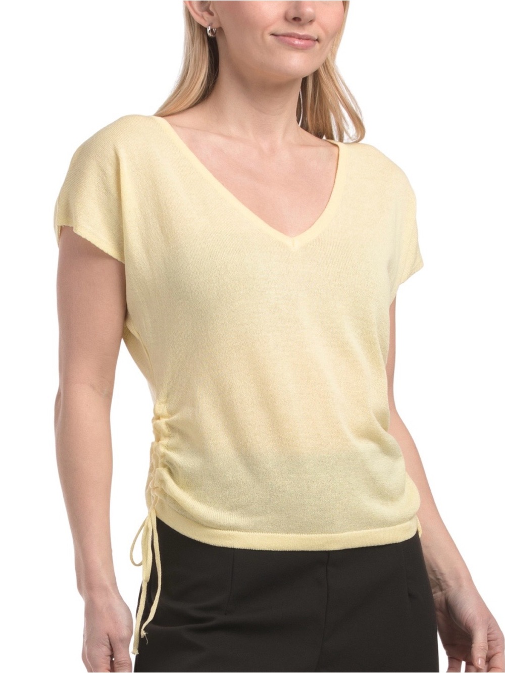 NWT Max Studio London Butter Yellow Linen Blend Ruched V-Neck Sweater Top Small